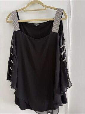 Roz & Ali Black Cold-Shoulder Top with Rhinestone Straps